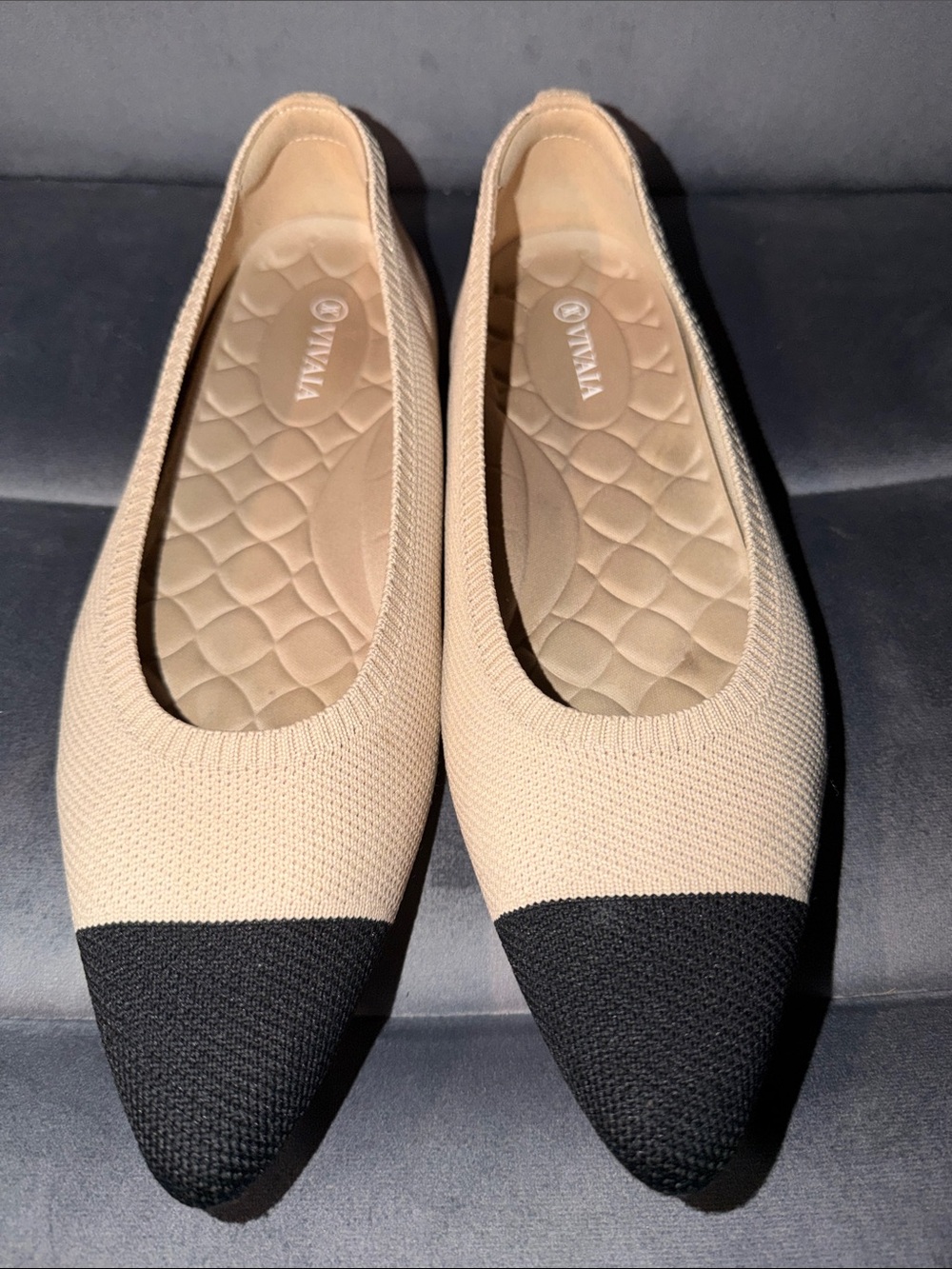 Vivaia Two-Tone Knit Pointed Toe Flats in Beige and Black
